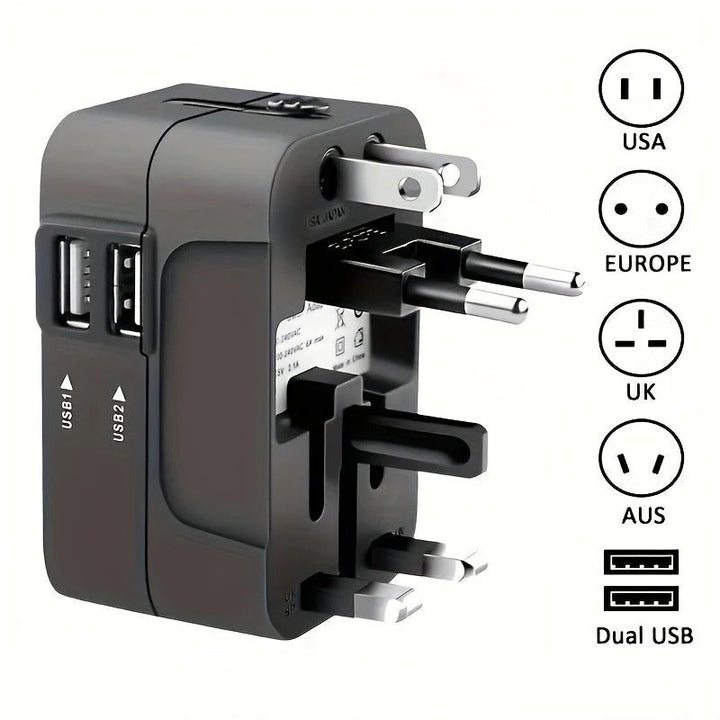 Compact international travel adapter with two USB ports for charging phones & devices.