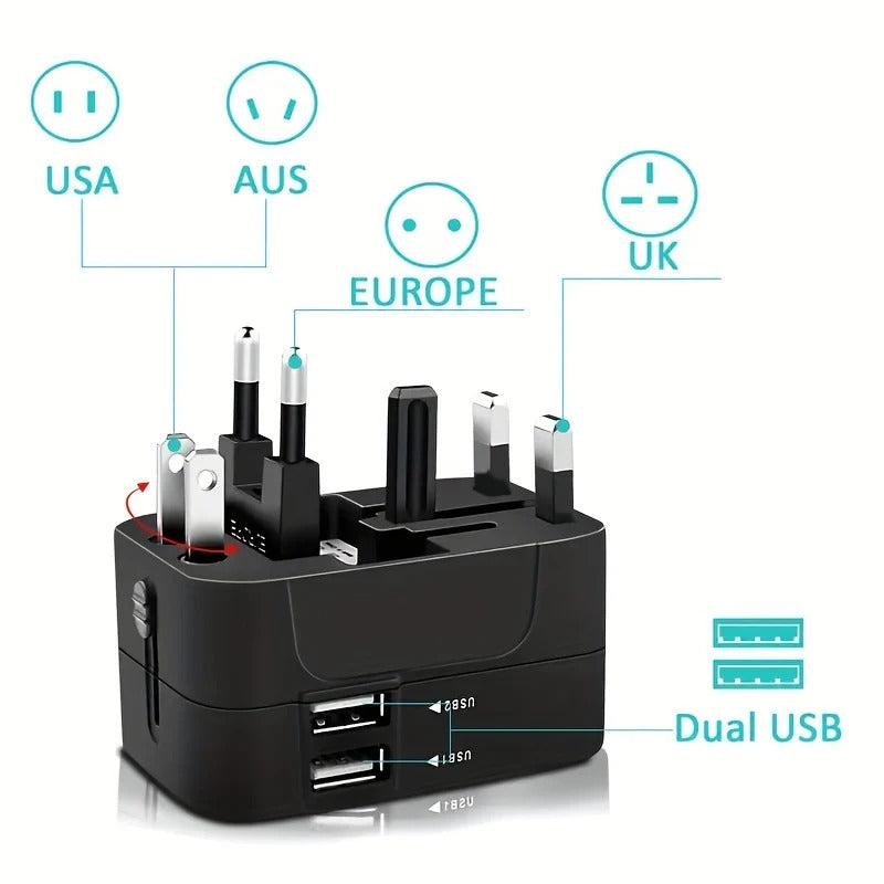 Worldwide charger: Universal travel power adapter with dual USB-A ports for global use.
