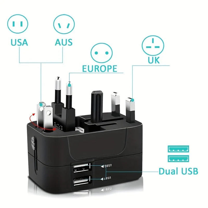 Worldwide charger: Universal travel power adapter with dual USB-A ports for global use.