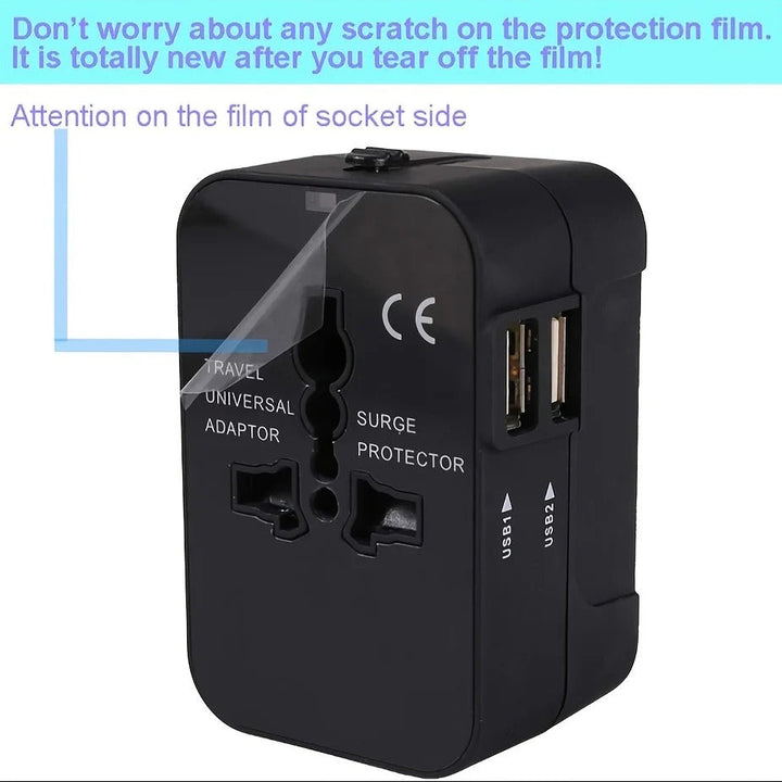 Essential travel accessory: Universal plug adapter for international trips, dual USB charging.