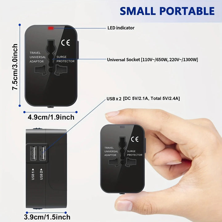 Black universal travel power adapter, compatible with EU, UK, US, AU outlets, dual USB.