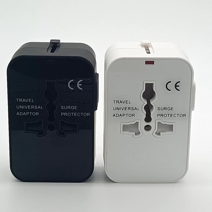 Charge devices globally with this universal travel adapter, featuring dual USB ports.