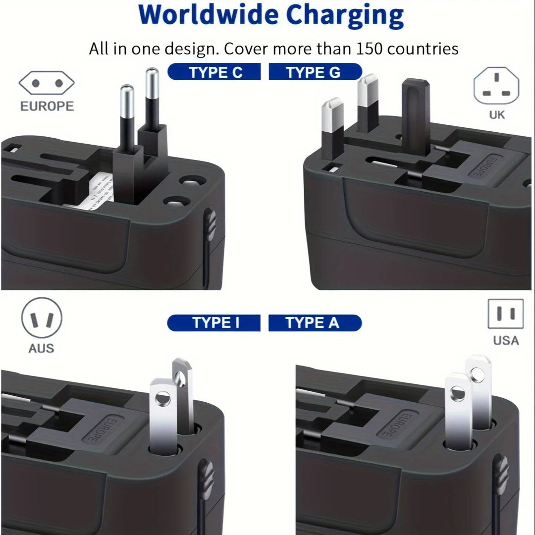 Streamlined universal power adapter: Dual USB charging ports for travelers worldwide.