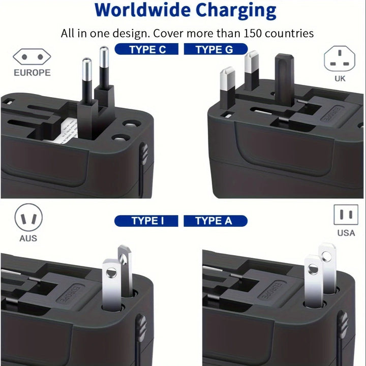 Streamlined universal power adapter: Dual USB charging ports for travelers worldwide.