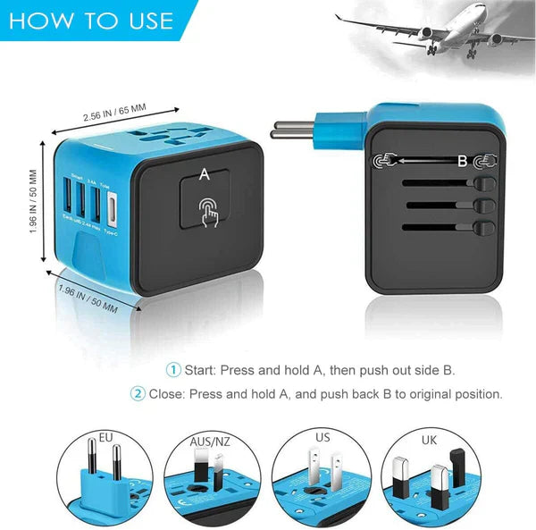Compact universal travel adapter for global power. Portable international plug with multi-port USB for all your devices.