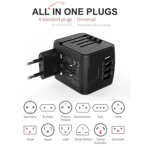 Hand holding a compact universal travel power adapter with international plugs & USB ports, ready for global charging.