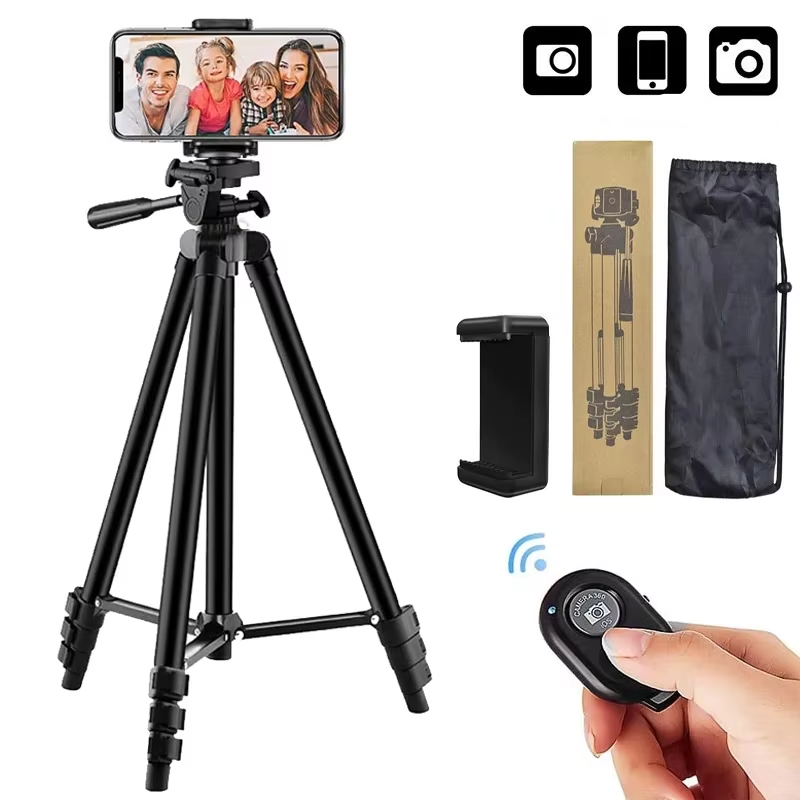 Universal tripod stand for phones & cameras with a Bluetooth remote, ideal for photography & vlogging.