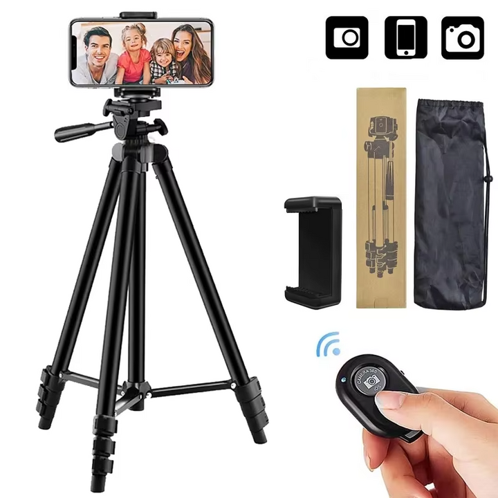 Universal tripod stand for phones & cameras with a Bluetooth remote, ideal for photography & vlogging.