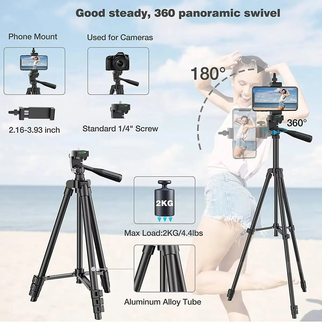 Lightweight, portable tripod stand with universal mount for phones & cameras. Perfect for travel photography.