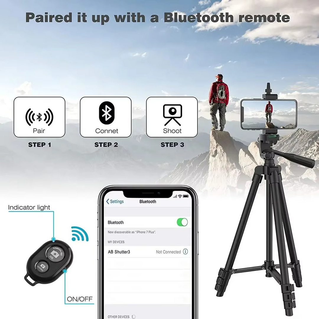 Vlogging gear: universal tripod stand with phone holder & Bluetooth remote for stable video recording.