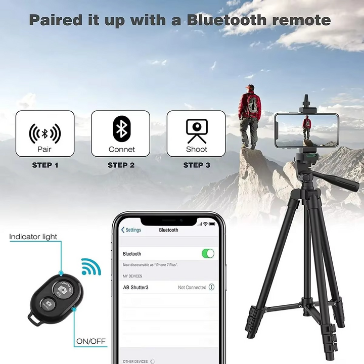 Vlogging gear: universal tripod stand with phone holder & Bluetooth remote for stable video recording.
