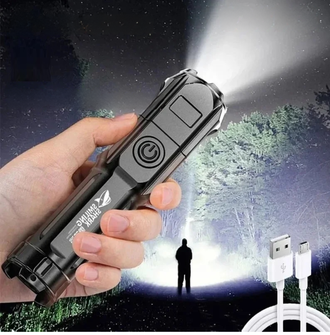 Universal USB rechargeable LED torch with zoom, ideal for camping and outdoor adventures.