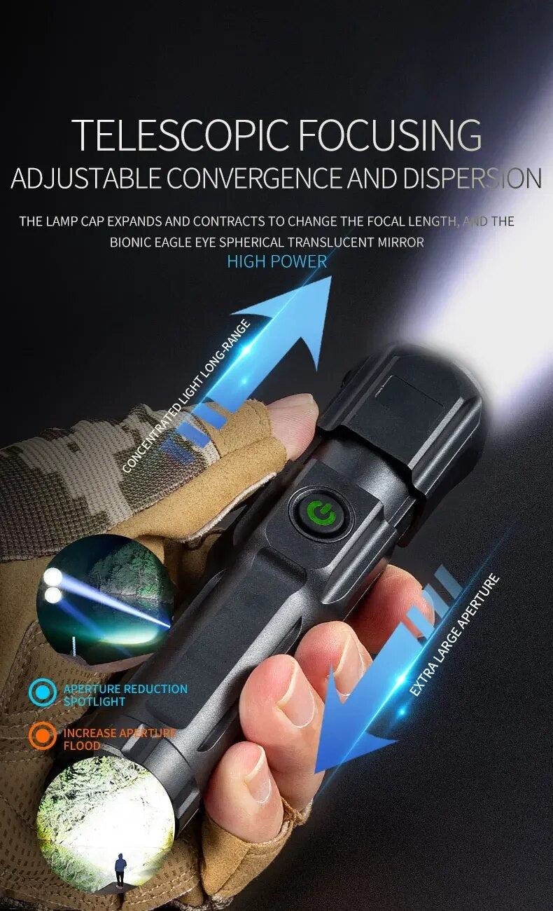 Universal LED zoom torch, USB rechargeable, designed for camping and outdoor exploration.