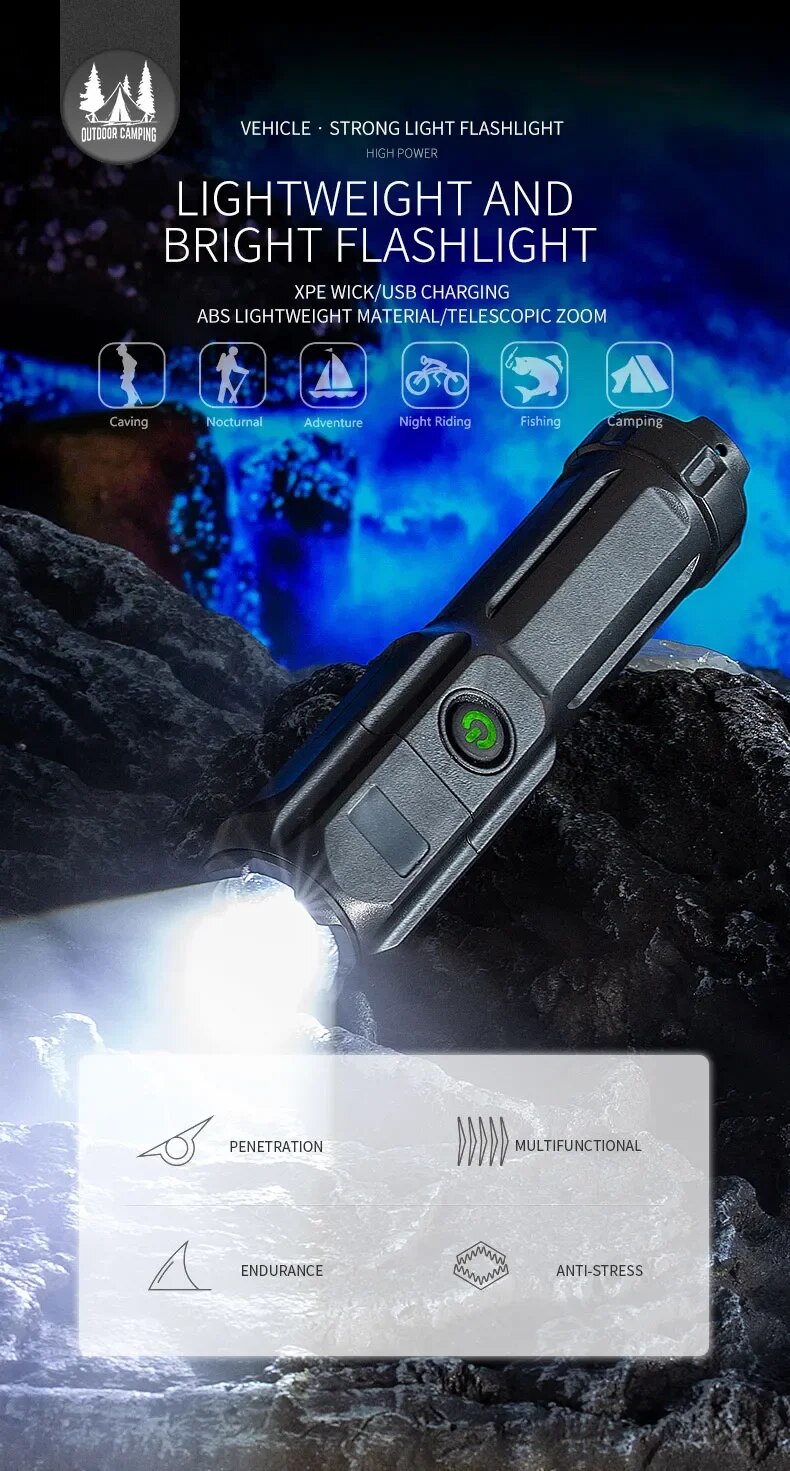 Close-up of the robust USB rechargeable LED torch, highlighting its zoom feature.