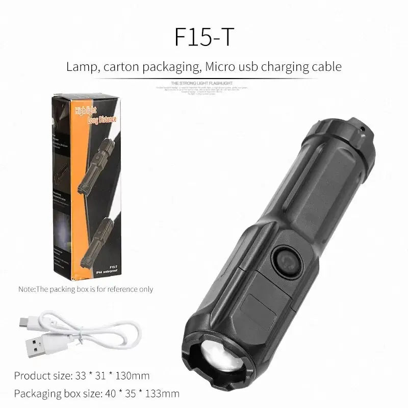 Versatile survival tool: USB rechargeable LED flashlight with zoom for any situation.