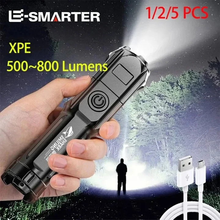 Powerful LED flashlight with zoom function, USB rechargeable for camping & emergencies.