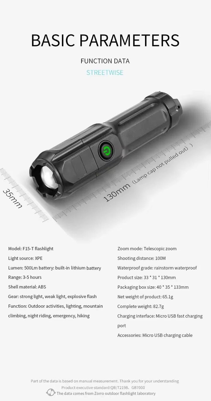 Compact & portable USB rechargeable LED camping light, featuring adjustable zoom.