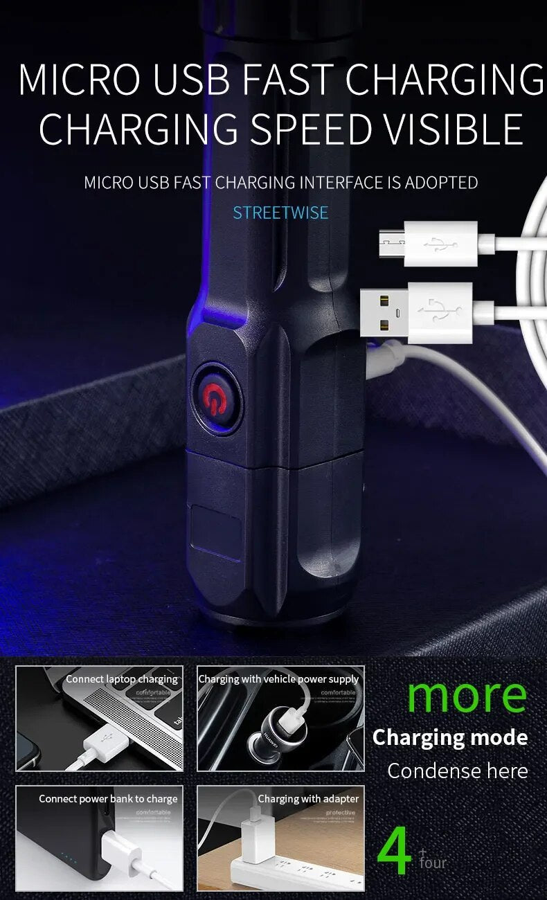 Bright LED zoom flashlight, USB rechargeable, essential for hiking & emergency lighting.