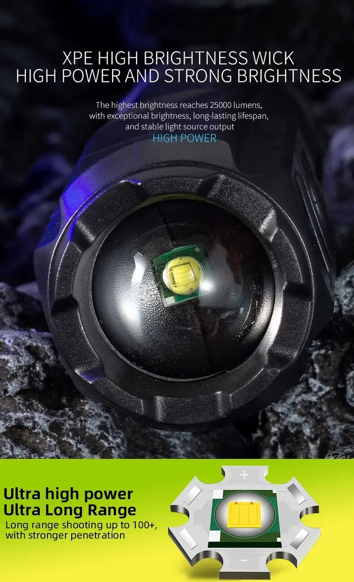 High-power USB rechargeable LED torch, zoomable beam for versatile outdoor use.