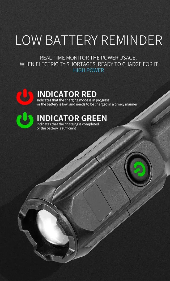 Reliable emergency light: USB rechargeable LED torch with powerful zoom capability.