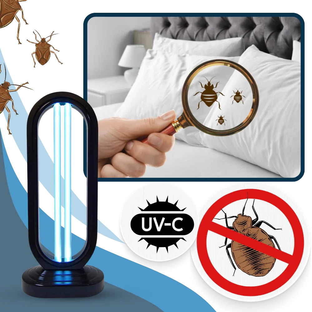 Powerful UV disinfectant lamp for pest control. Kills bed bugs & microscopic germs, ensuring a hygienic home environment.