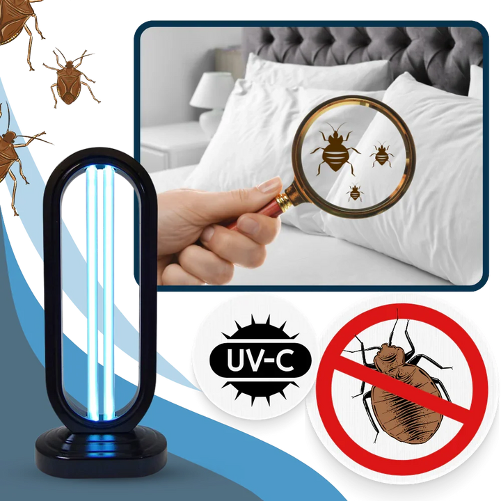 Powerful UV disinfectant lamp for pest control. Kills bed bugs & microscopic germs, ensuring a hygienic home environment.