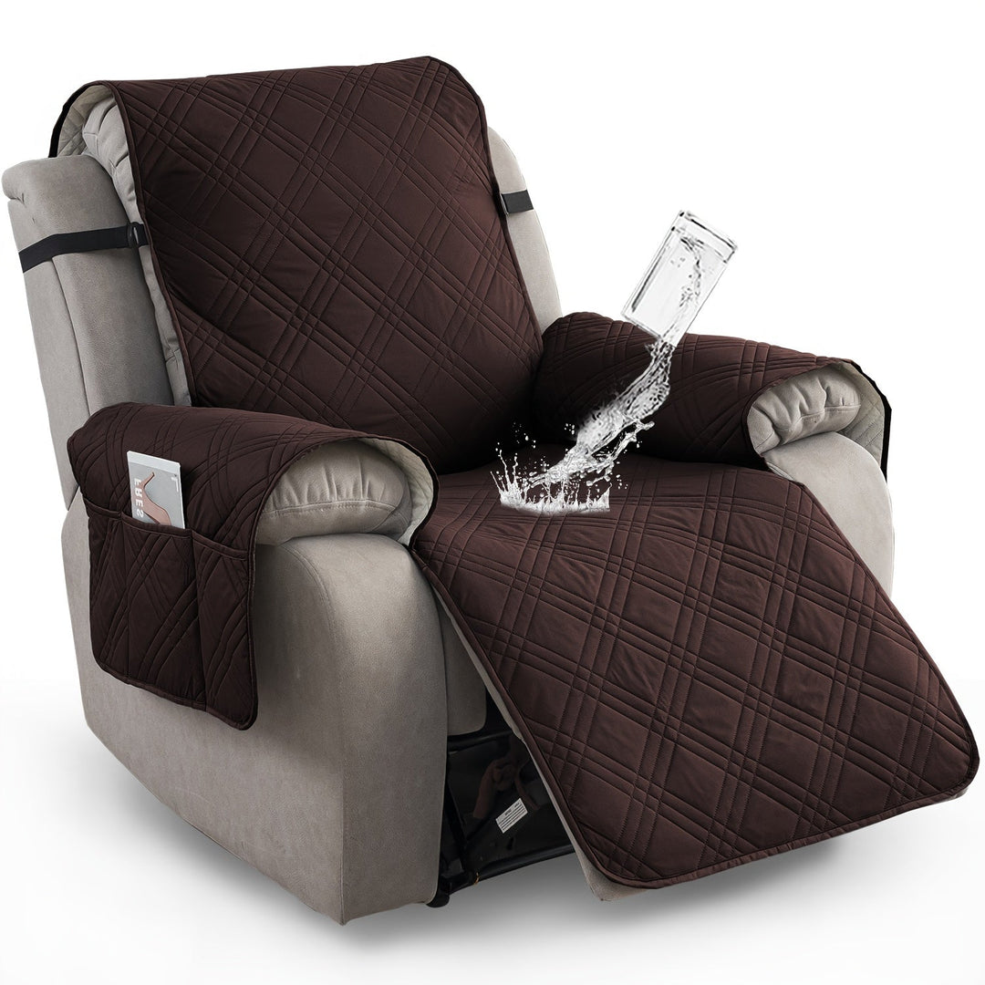 Universal waterproof recliner chair cover in grey, protecting furniture from spills. Non-slip, durable slipcover.