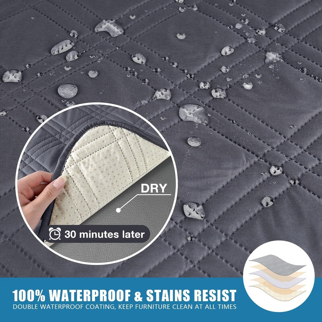 Grey universal waterproof recliner cover, ensuring furniture protection from spills & pets. Easy-fit chair slipcover.