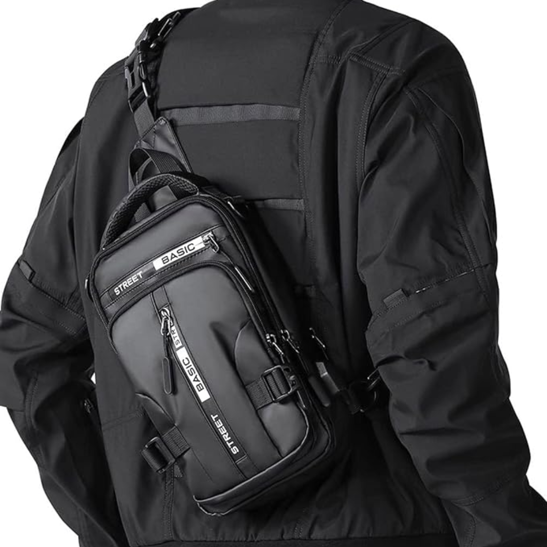 UrbanLite compact crossbody sling backpack in black, ideal for daily essentials and travel