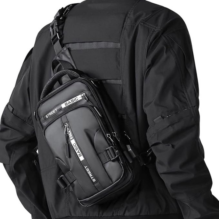 UrbanLite compact crossbody sling backpack in black, ideal for daily essentials and travel