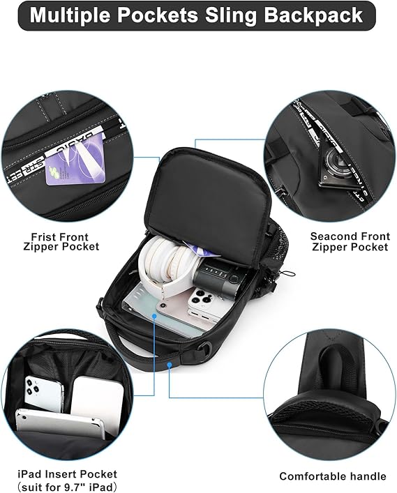 Back view of the black compact crossbody sling bag, showing its breathable mesh panel