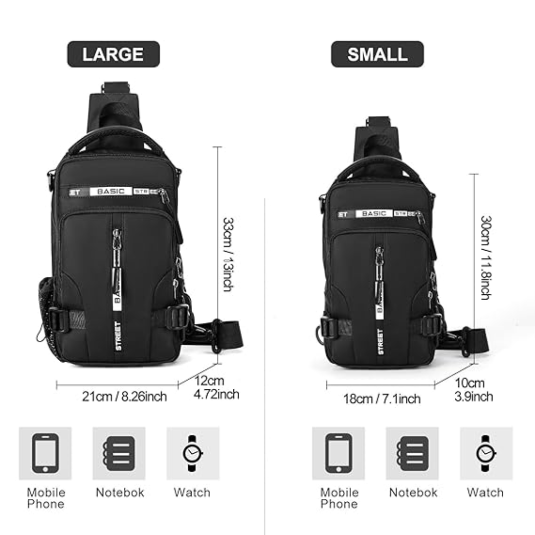 Detail of the strap and buckle on the UrbanLite compact crossbody sling bag, secure and adjustable