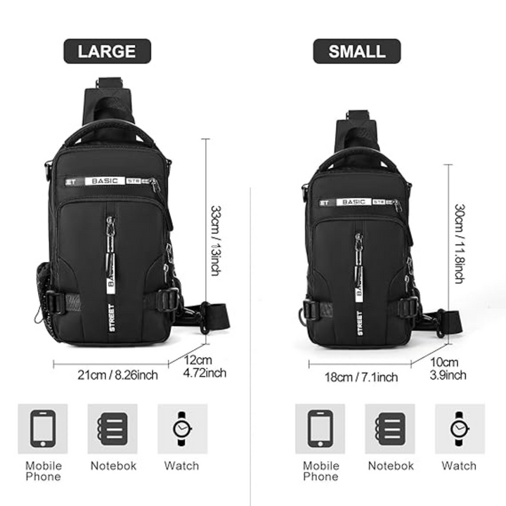 Detail of the strap and buckle on the UrbanLite compact crossbody sling bag, secure and adjustable