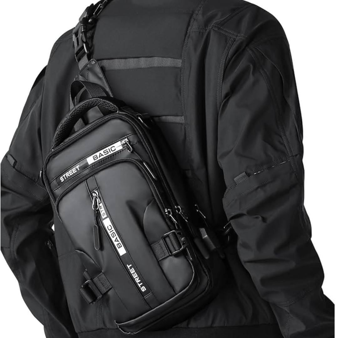 Unisex nylon compact sling bag, worn across the body, perfect for urban and outdoor adventures