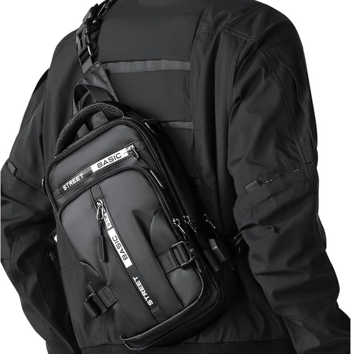 Unisex nylon compact sling bag, worn across the body, perfect for urban and outdoor adventures