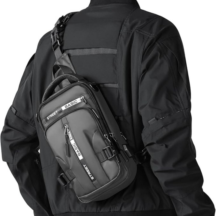 Front view of UrbanLite compact sling backpack, durable nylon for travel and everyday use