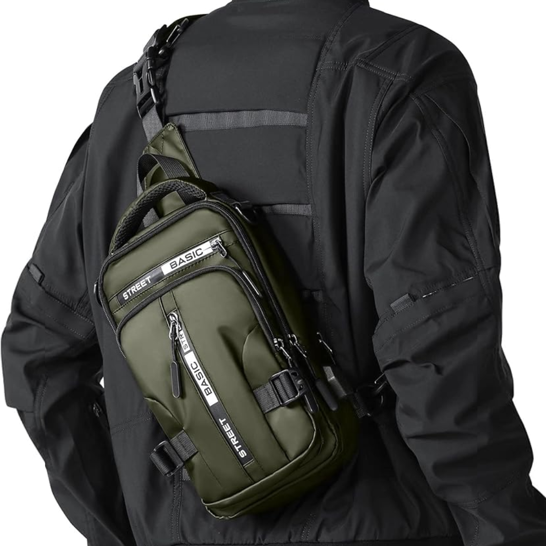 Person wearing a black compact crossbody sling bag, showcasing its comfortable fit and size