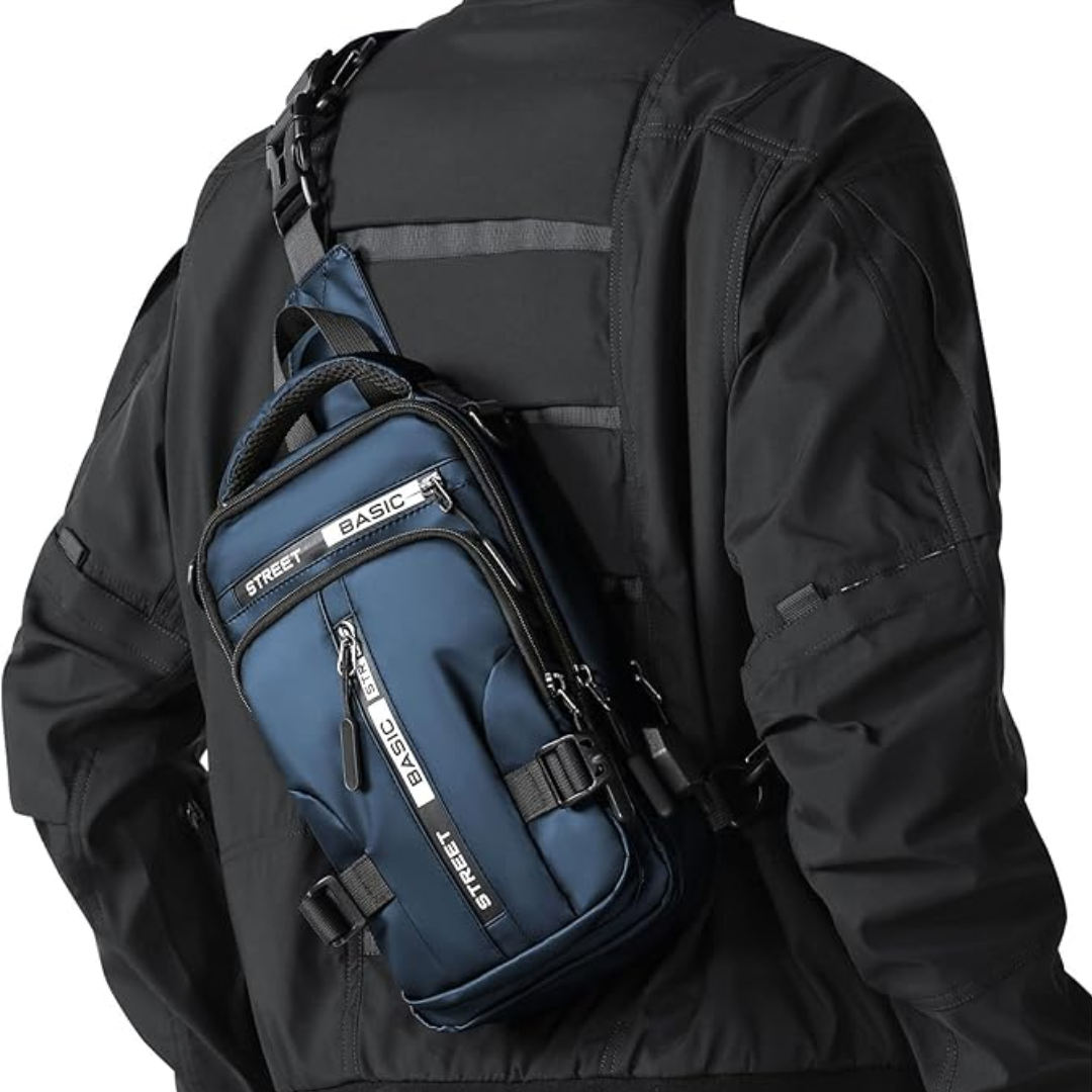 Close-up of the UrbanLite compact sling bag's zipper and material, highlighting quality