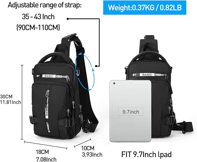 Compact travel sling bag in black, with multiple compartments for organized storage