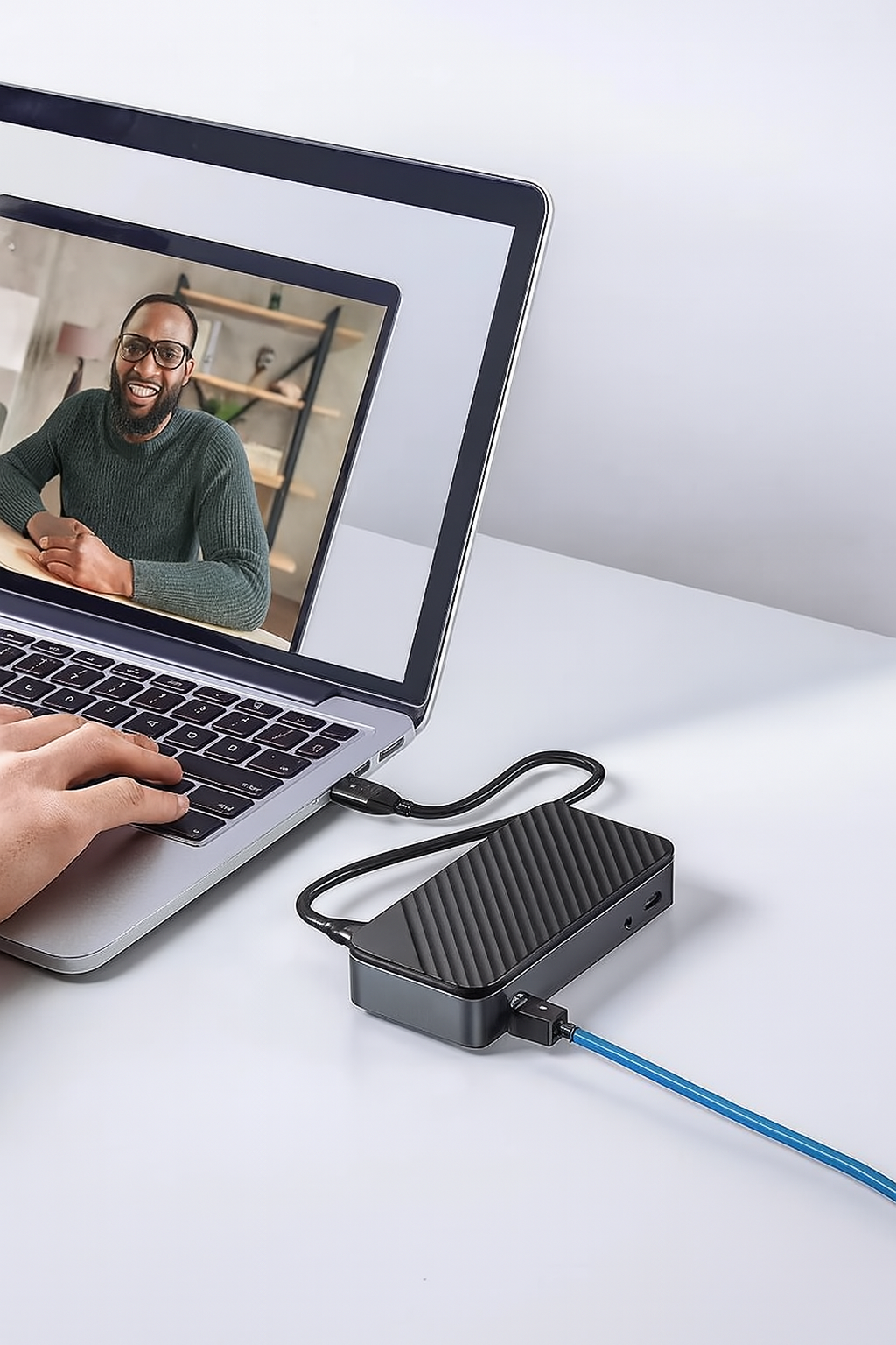 USB-C 10-in-1 docking station with SSD enclosure & fan, front view, black finish