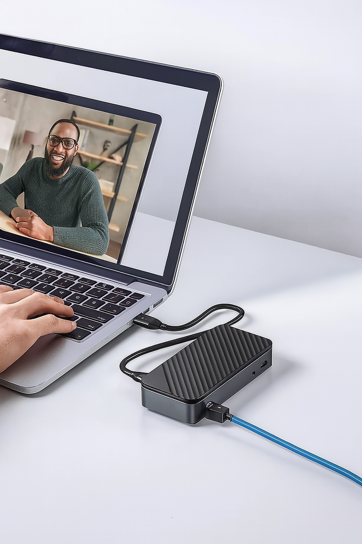 USB-C 10-in-1 docking station with SSD enclosure & fan, front view, black finish