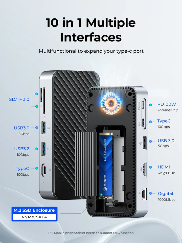 Angled view of 10-in-1 USB-C hub with SSD enclosure, showing multiple ports & fan grill