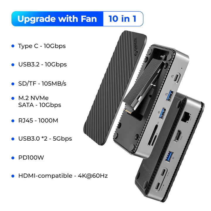 Connectivity pro hub: USB-C docking station with SSD enclosure, fan, and all 10 ports visible