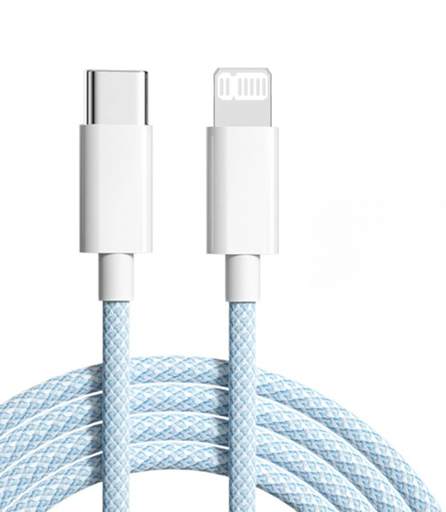 USB-C to Lightning fast charging cable, braided for durability, shown in pack of two for iPhone, iPad, AirPods.