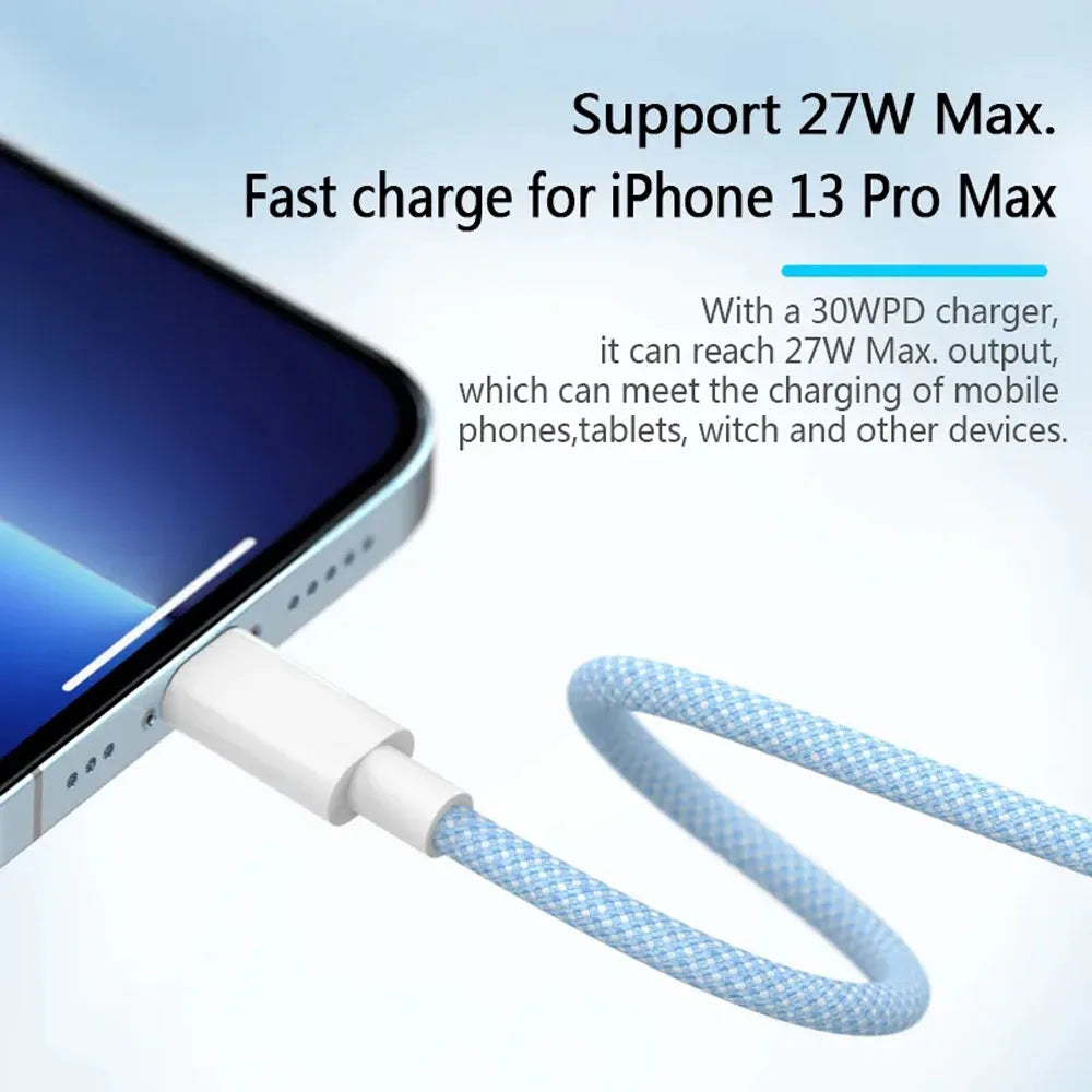Close-up of a durable braided USB-C to Lightning cable, perfect for fast charging iPhone, iPad, AirPods.