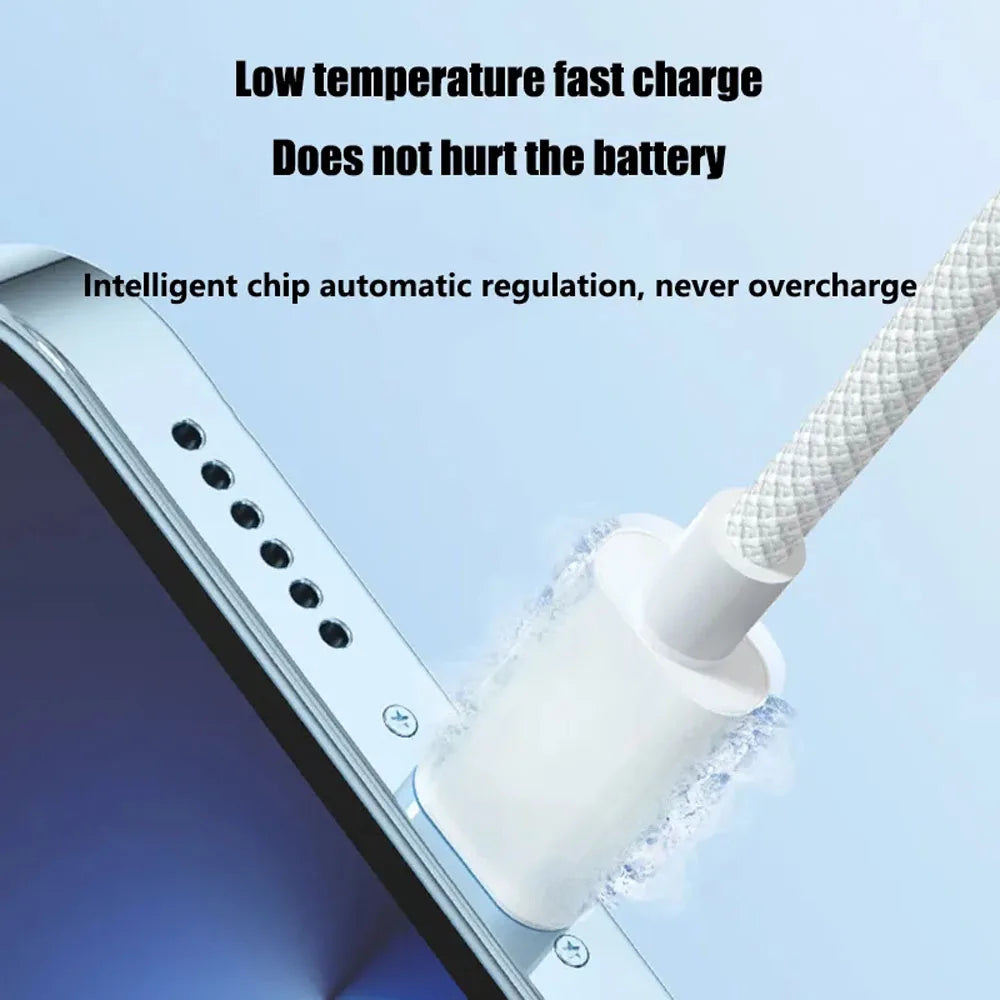 USB-C to Lightning cable connected to an iPhone, demonstrating fast charging capability; braided for strength.
