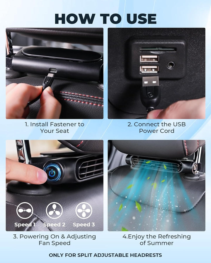 Buy one get one free: USB car cooling fan with headrest mount, 3 speed operation