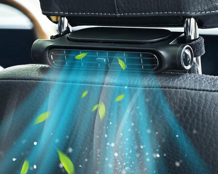 Black USB car cooling fan with adjustable headrest mount, 3 speeds for optimal airflow