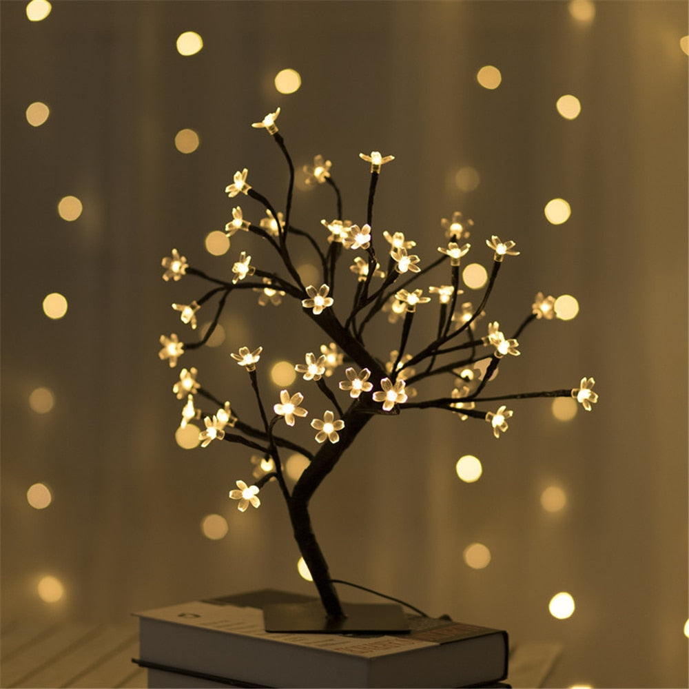 USB LED Cherry Blossom Table Tree Lamp with warm white lights, perfect for ambient home decor.