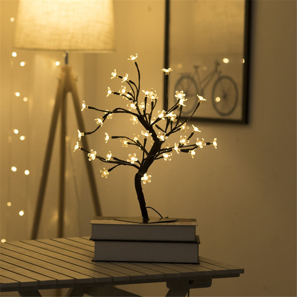 Close-up of a USB LED Cherry Blossom Table Tree Lamp, highlighting delicate blossoms and soft lighting.